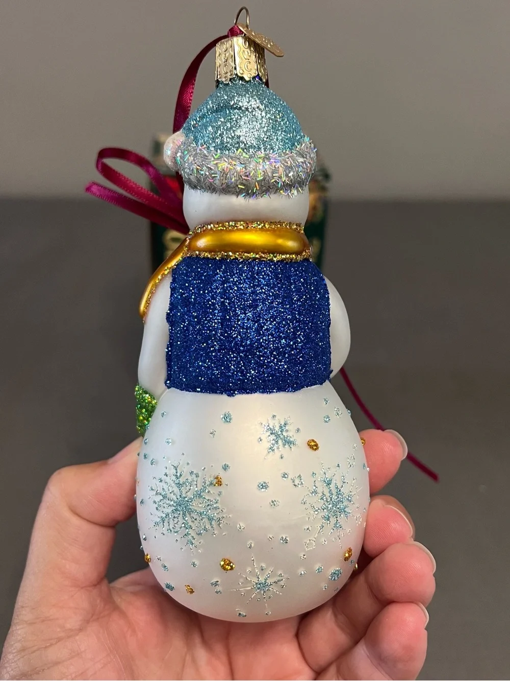 Old World Christmas Glass Glistening “Let It Snow” Snowman Ornament 5.5”